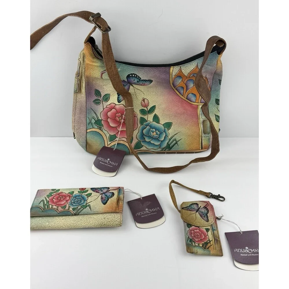 Anuschka Leather Handpainted Butterfly Floral Purse Handbag/Wristlet/Wallet NEW